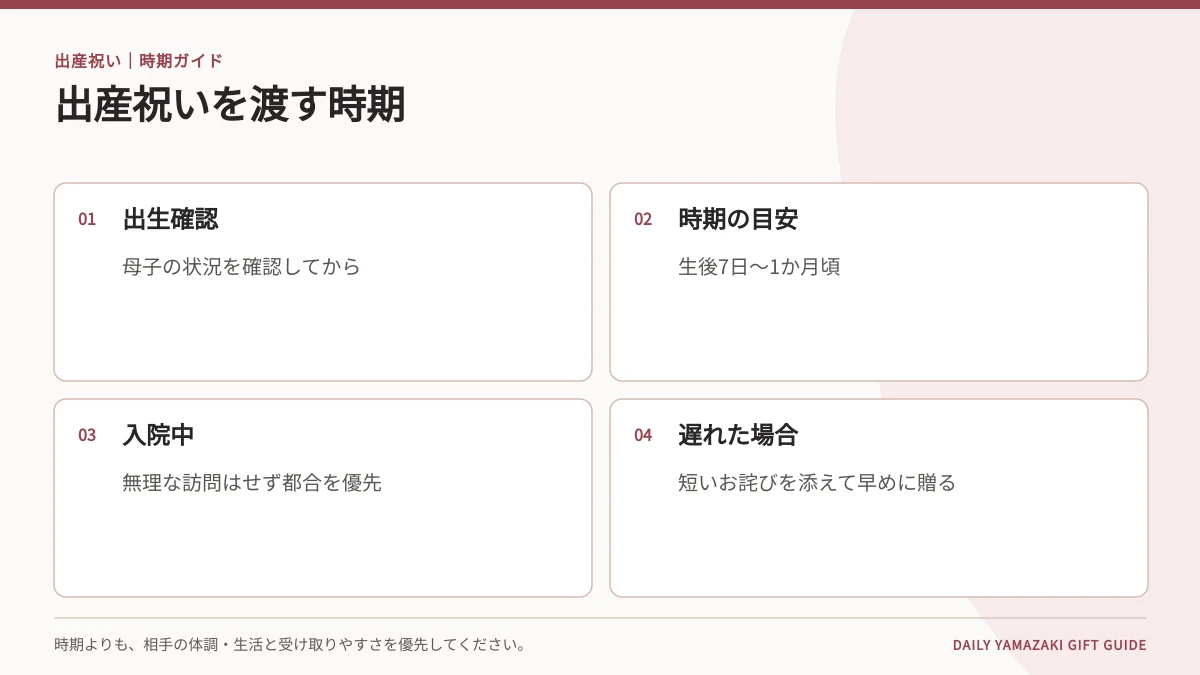出産祝いを渡す時期早見表|入院中・退院後・遅れた場合