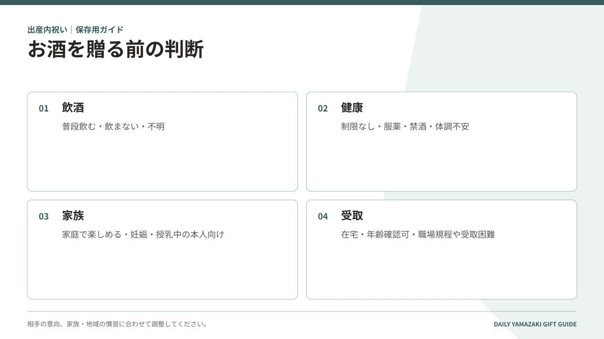 お酒を贈る前の判断|飲酒・健康・家族・受取
