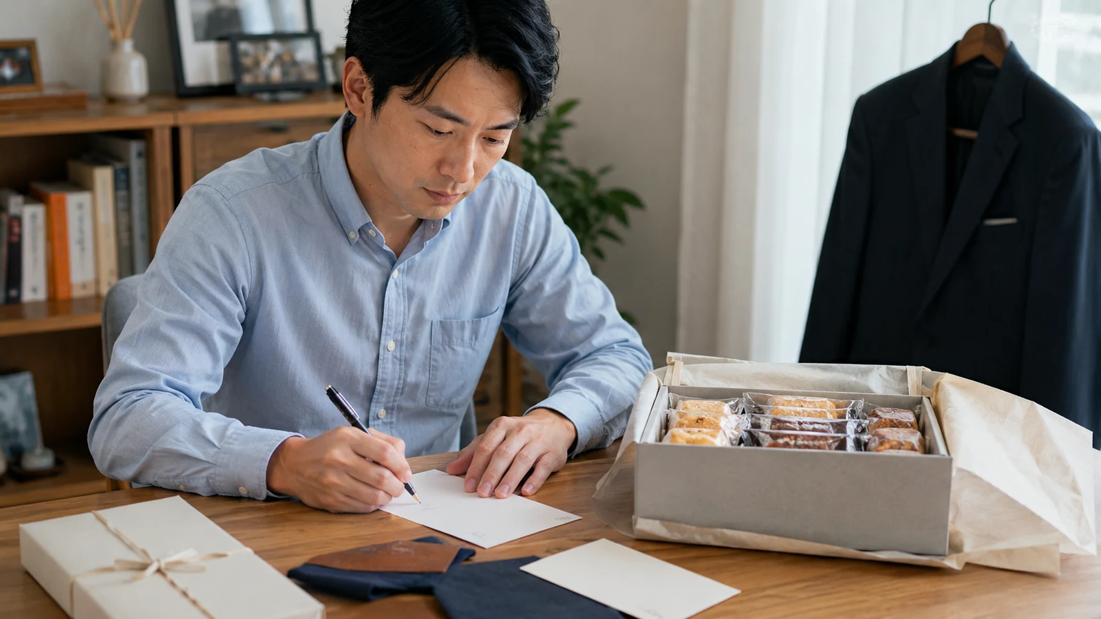 上司へ丁寧に出産内祝いを渡すイメージ