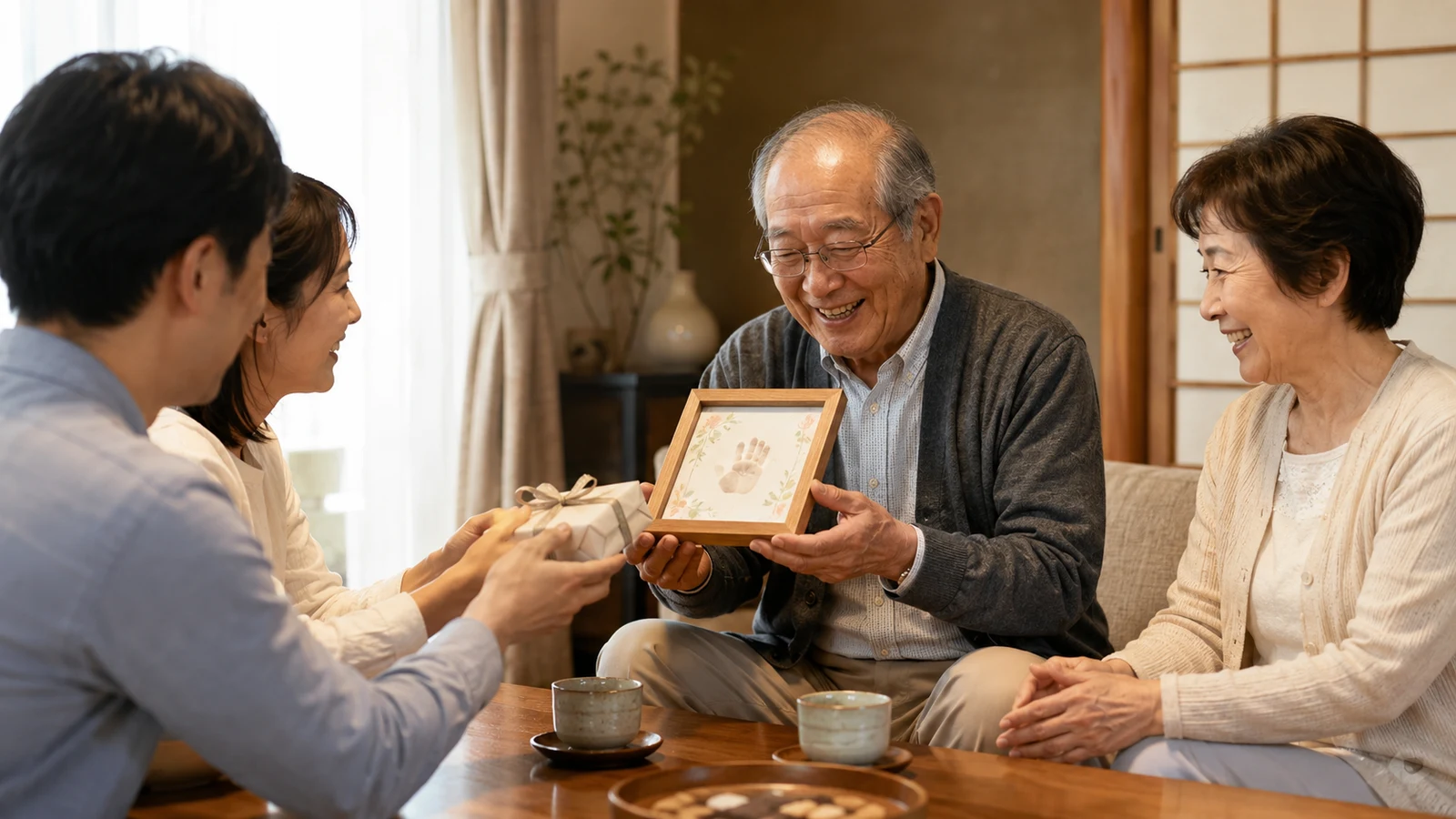 祖父母へ赤ちゃんの出産内祝いを届けるイメージ