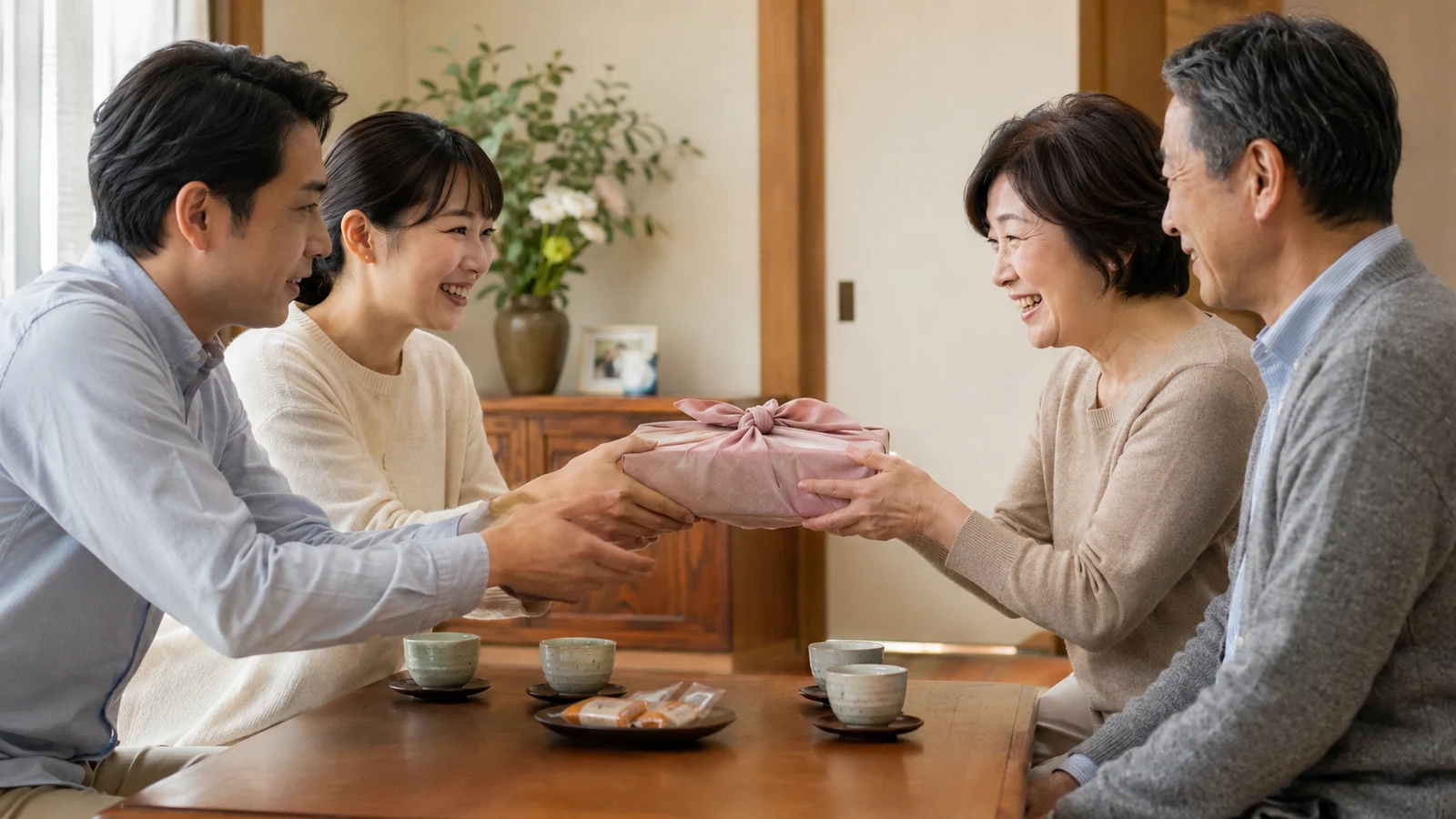 親からの出産祝いへのお返しを家族で相談するイメージ