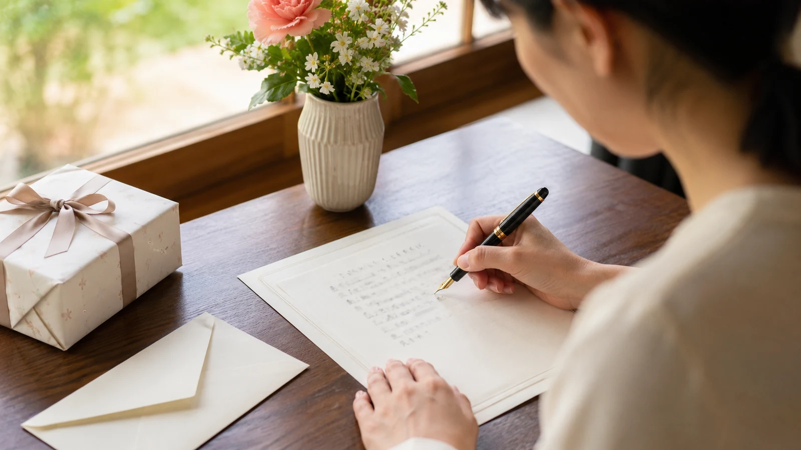 出産内祝いのお礼状を便箋に書くイメージ