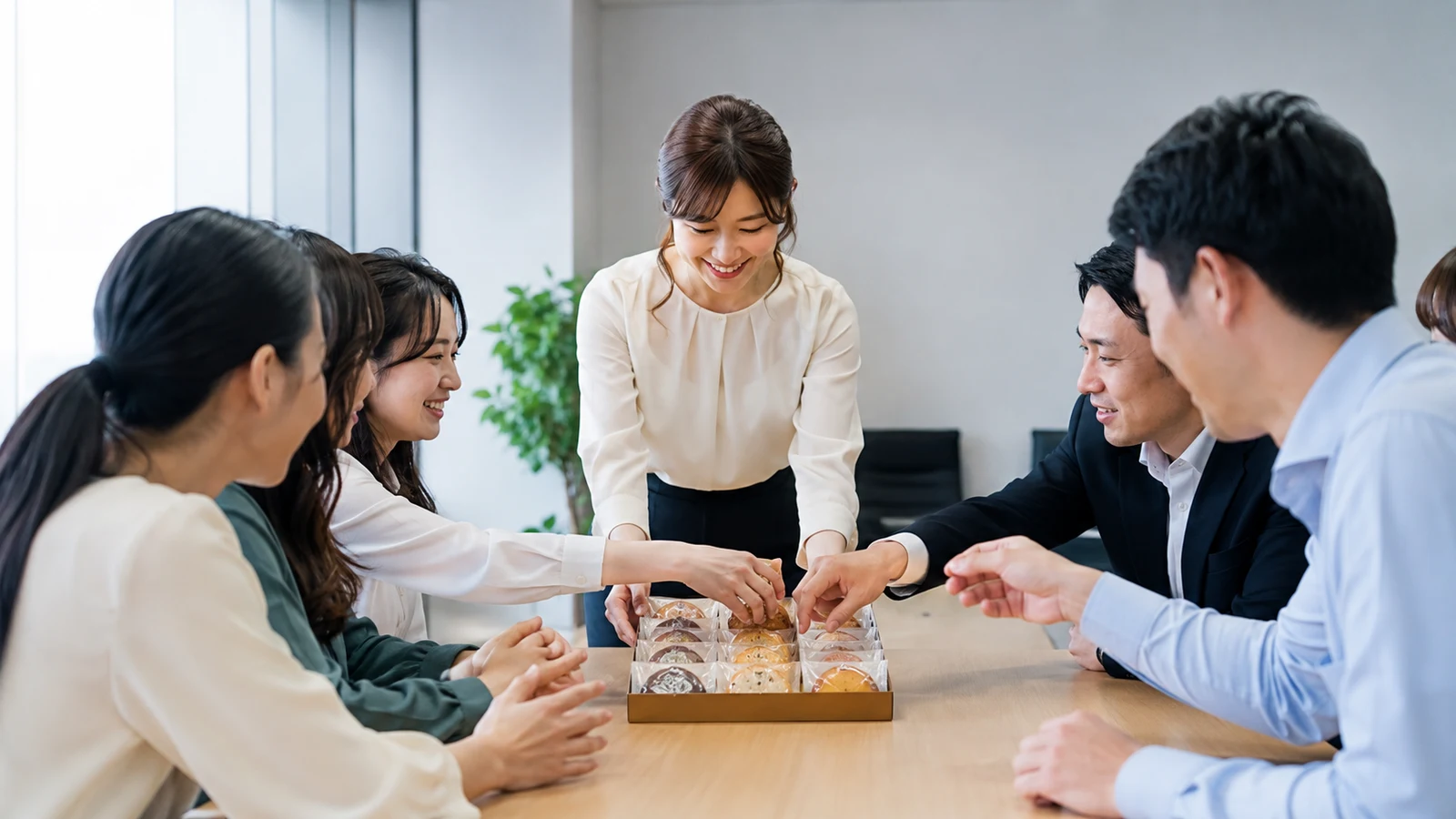 職場一同へ個包装の内祝いを配るイメージ