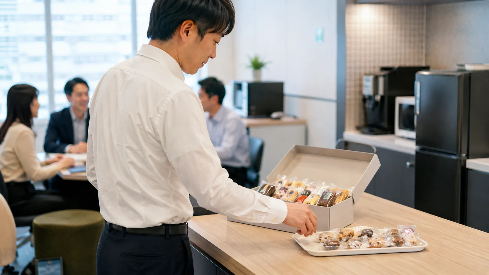 職場の同僚へ個包装の出産内祝いを渡すイメージ